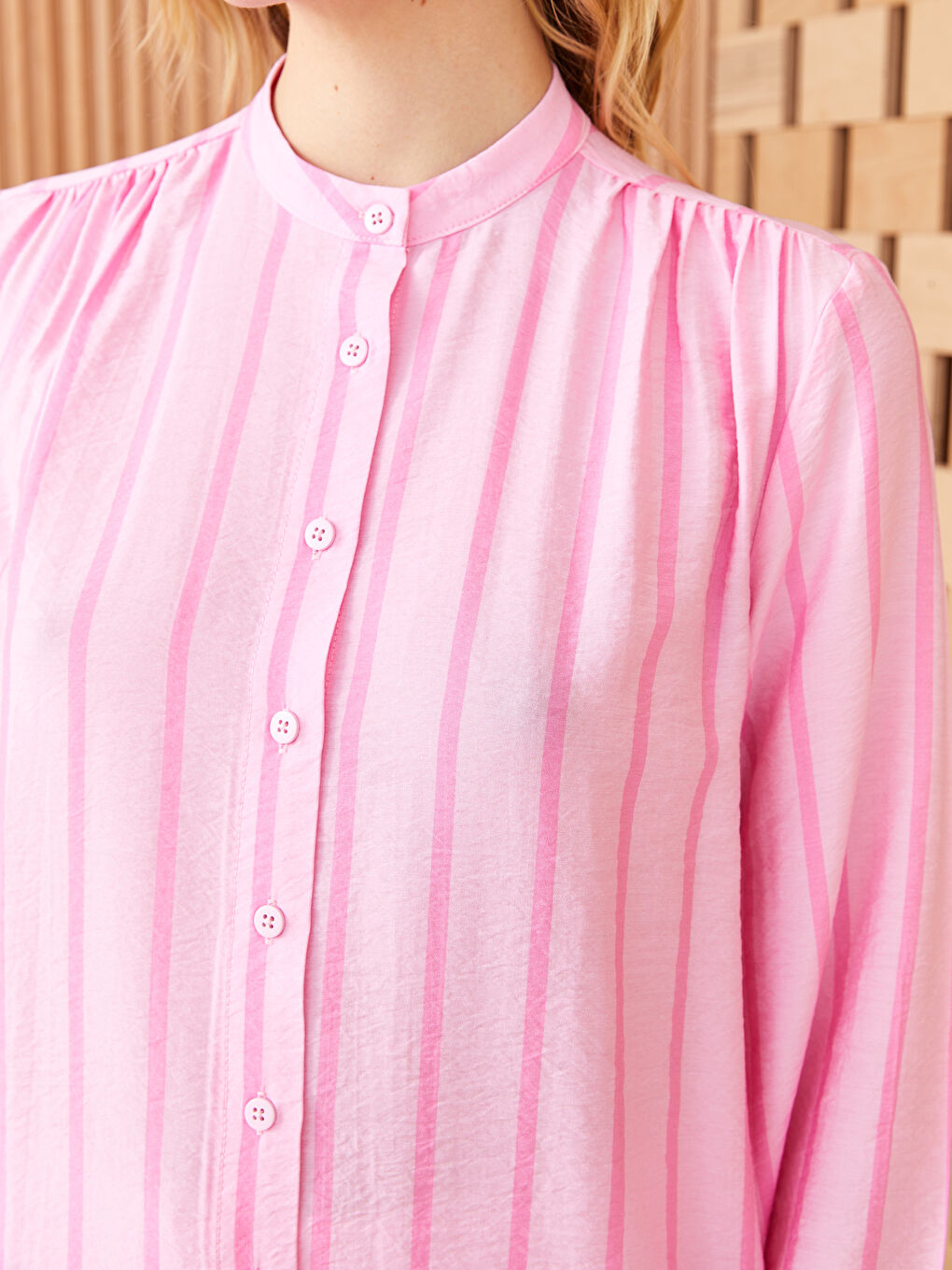 Pembe Hakim Yaka Çizgili Uzun Kollu Kadın Tunik-3