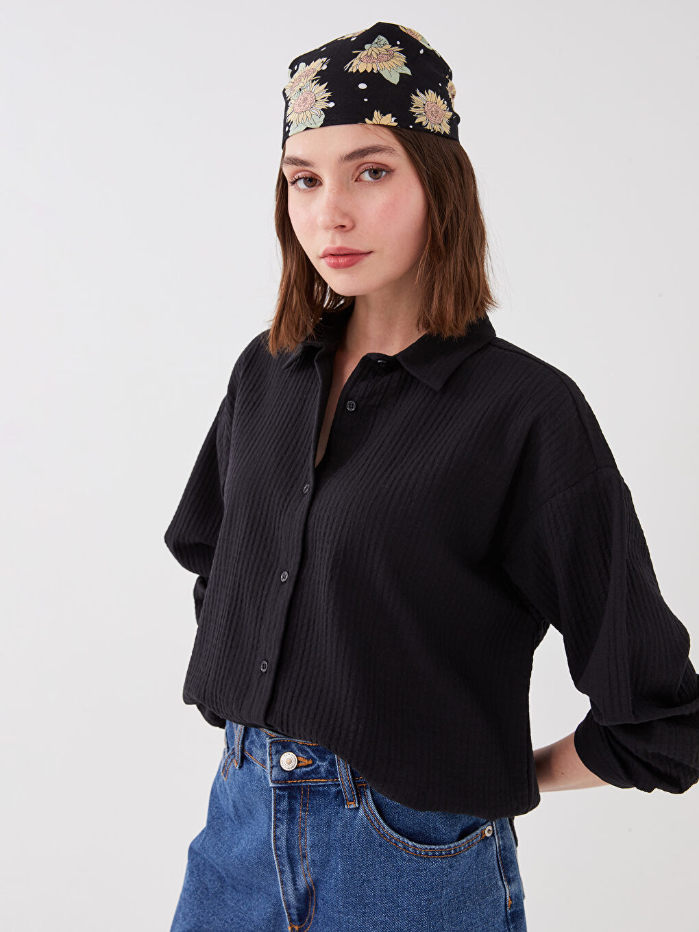 Cămașă Simplă cu Mânecă Lungă din Muselină pentru Femei-1