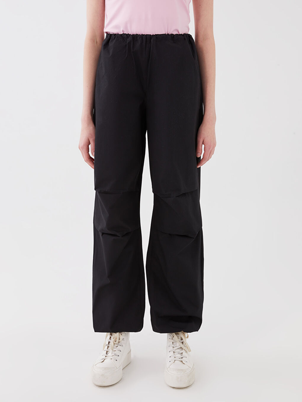 Siyah Kadın Beli Lastikli Düz Paraşüt Pantolon-2