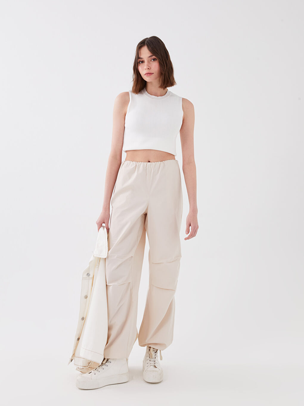 Pantaloni din Material pentru Parașute cu Talie Elastică Simpli pentru Femei-1