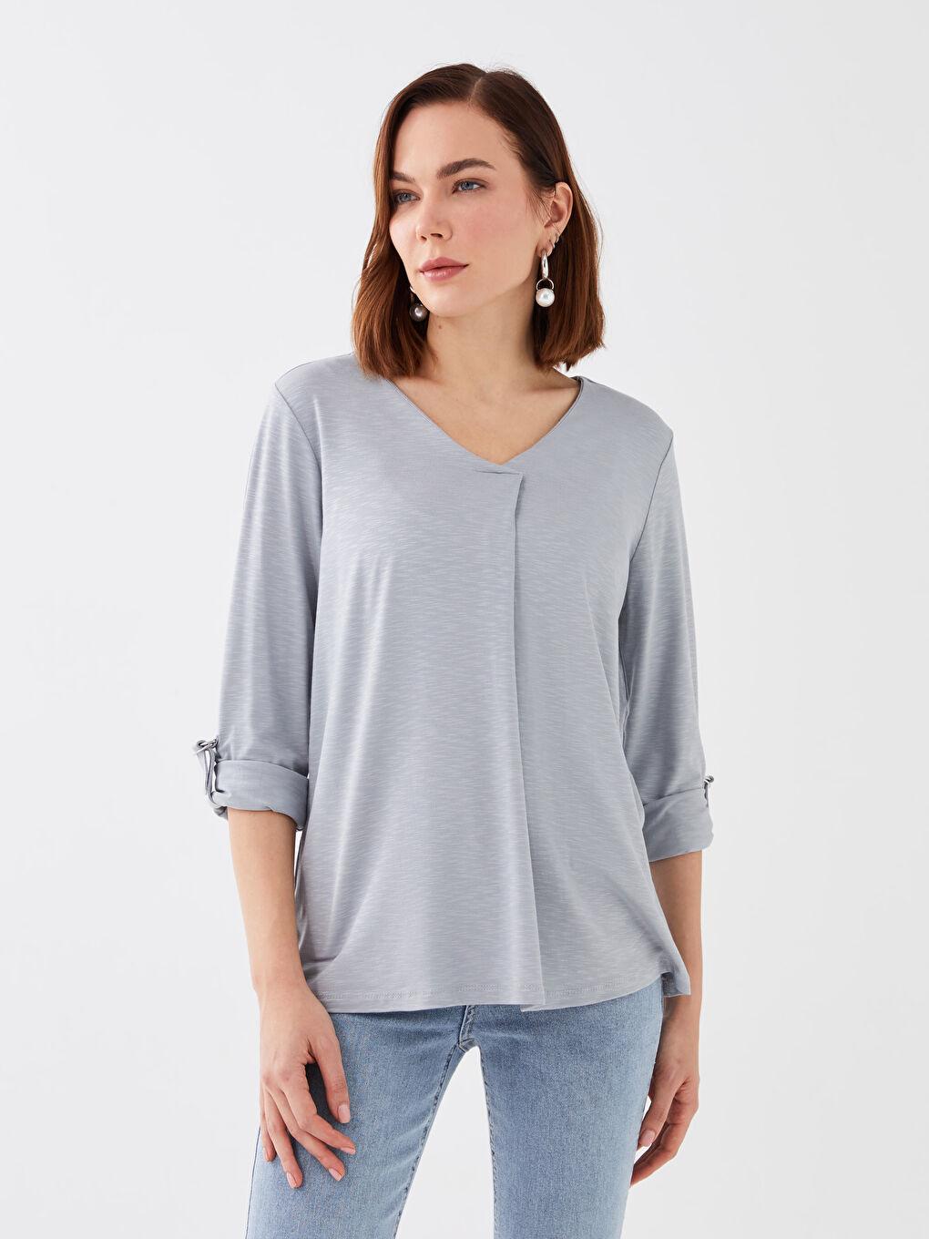 Gri V Yaka Kendinden Desenli Uzun Kollu Kadın Tişört-1