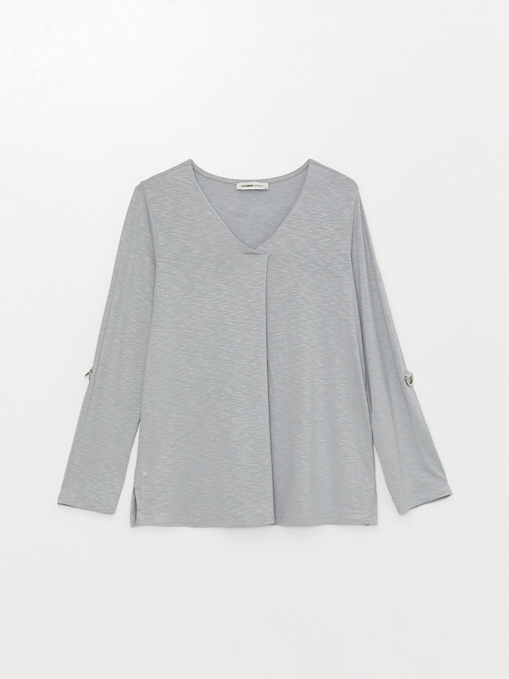 Gri V Yaka Kendinden Desenli Uzun Kollu Kadın Tişört-5