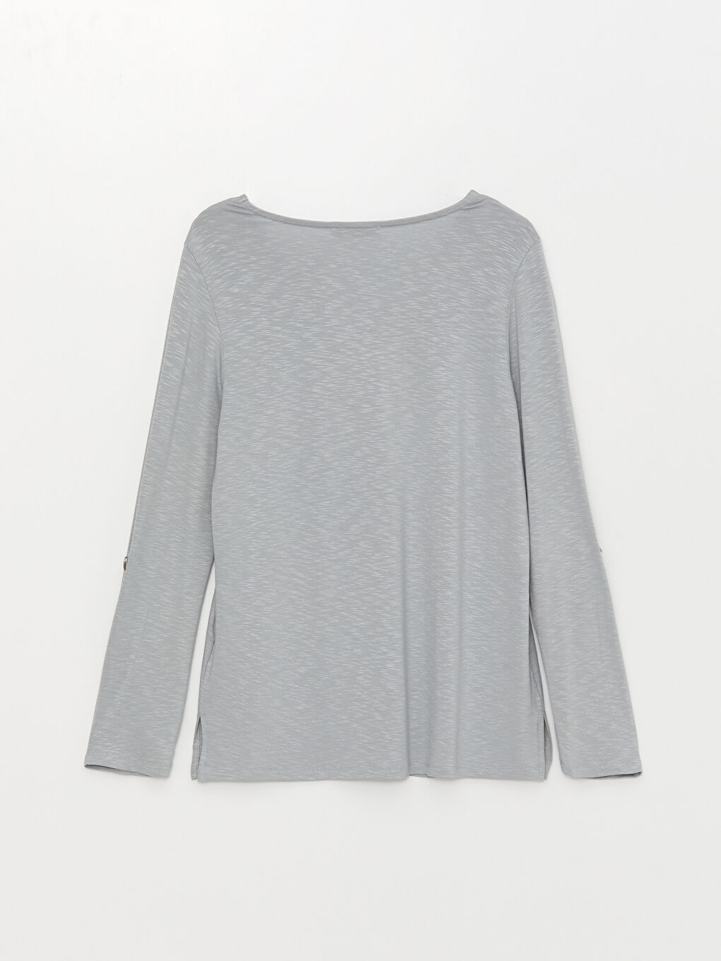 Gri V Yaka Kendinden Desenli Uzun Kollu Kadın Tişört-6