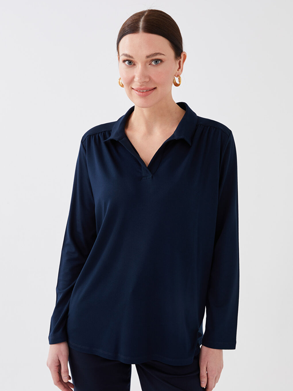 Lacivert Polo Yaka Düz Uzun Kollu Kadın Bluz-1