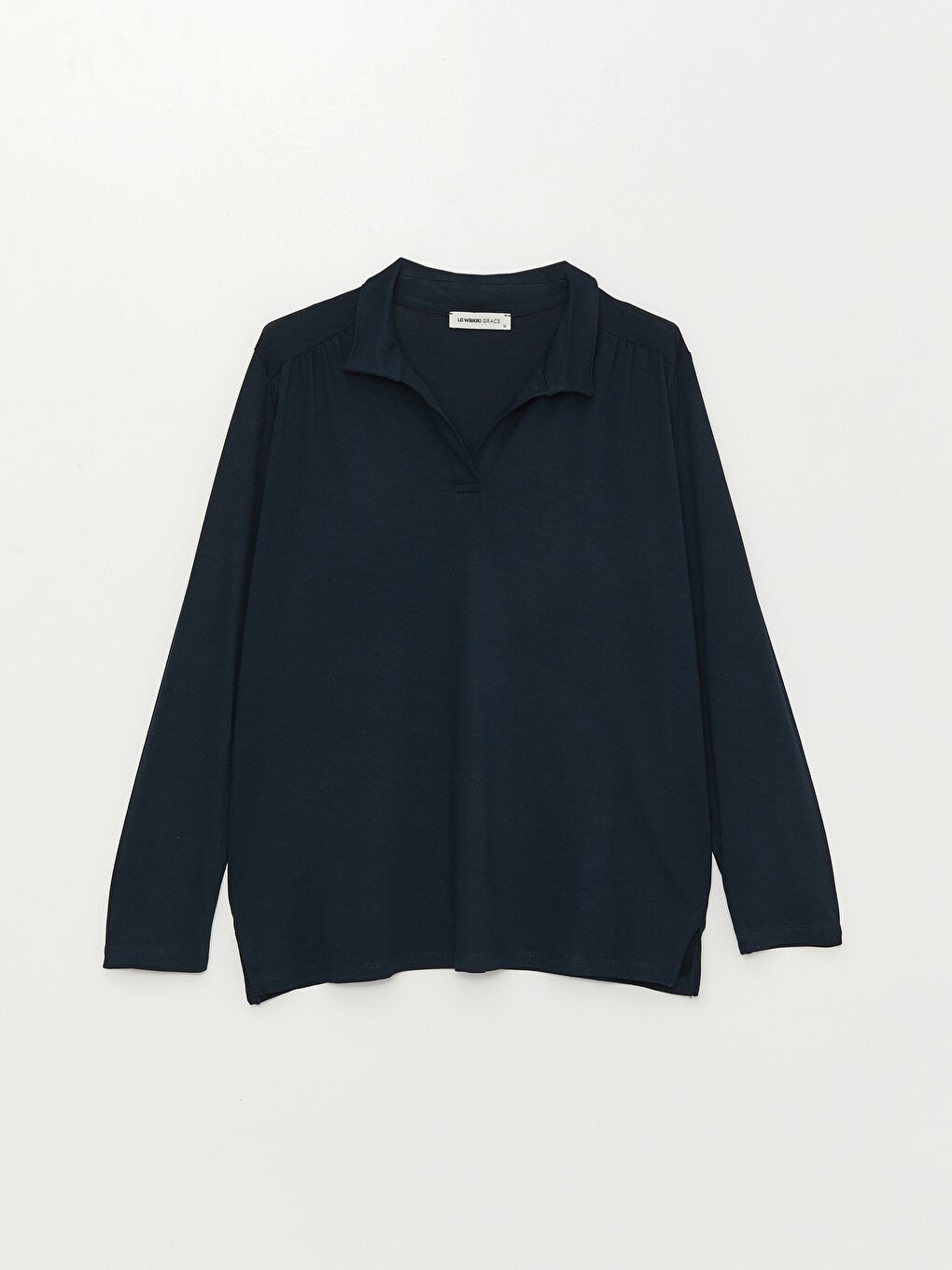 Lacivert Polo Yaka Düz Uzun Kollu Kadın Bluz-5