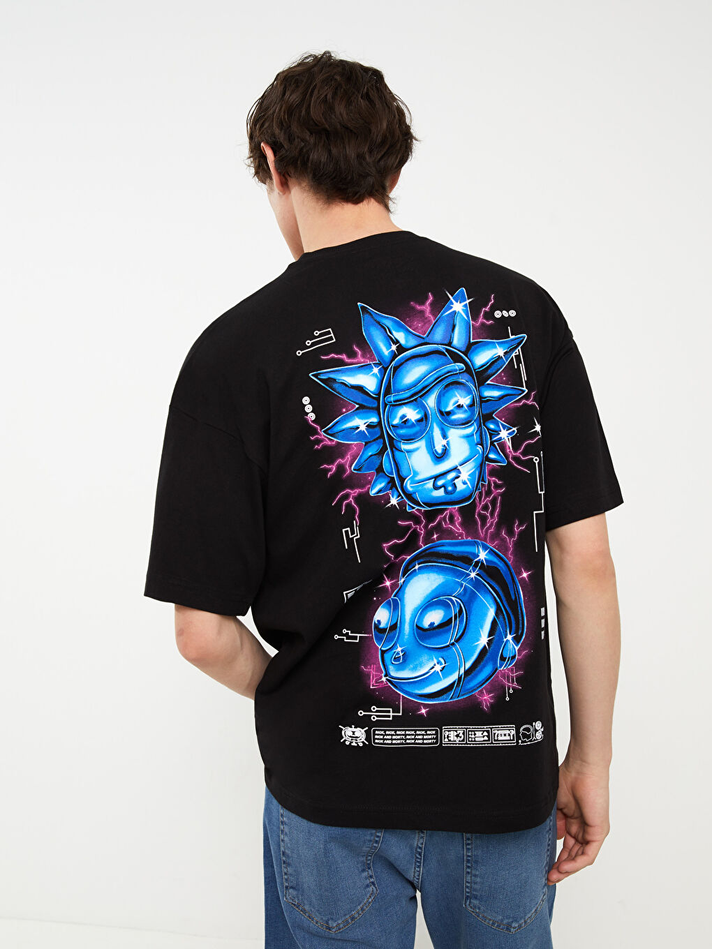 Siyah Bisiklet Yaka Kısa Kollu Rick and Morty Baskılı Penye Erkek Tişört