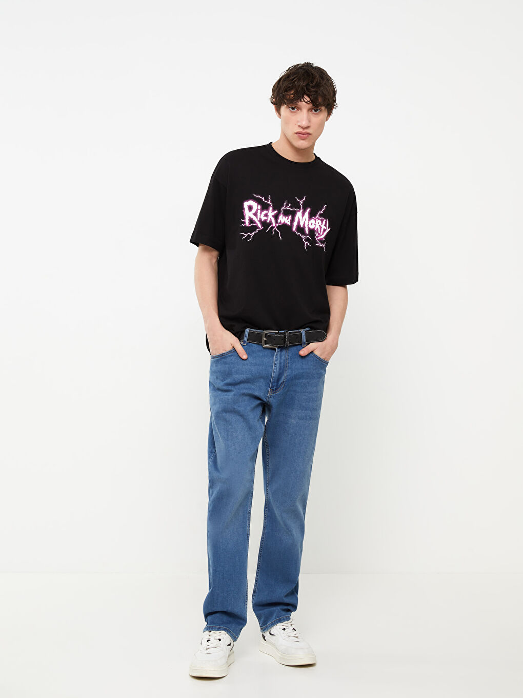 Siyah Bisiklet Yaka Kısa Kollu Rick and Morty Baskılı Penye Erkek Tişört-2