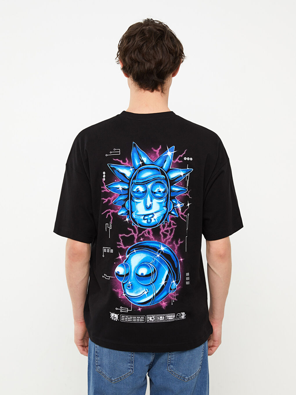 Siyah Bisiklet Yaka Kısa Kollu Rick and Morty Baskılı Penye Erkek Tişört-4