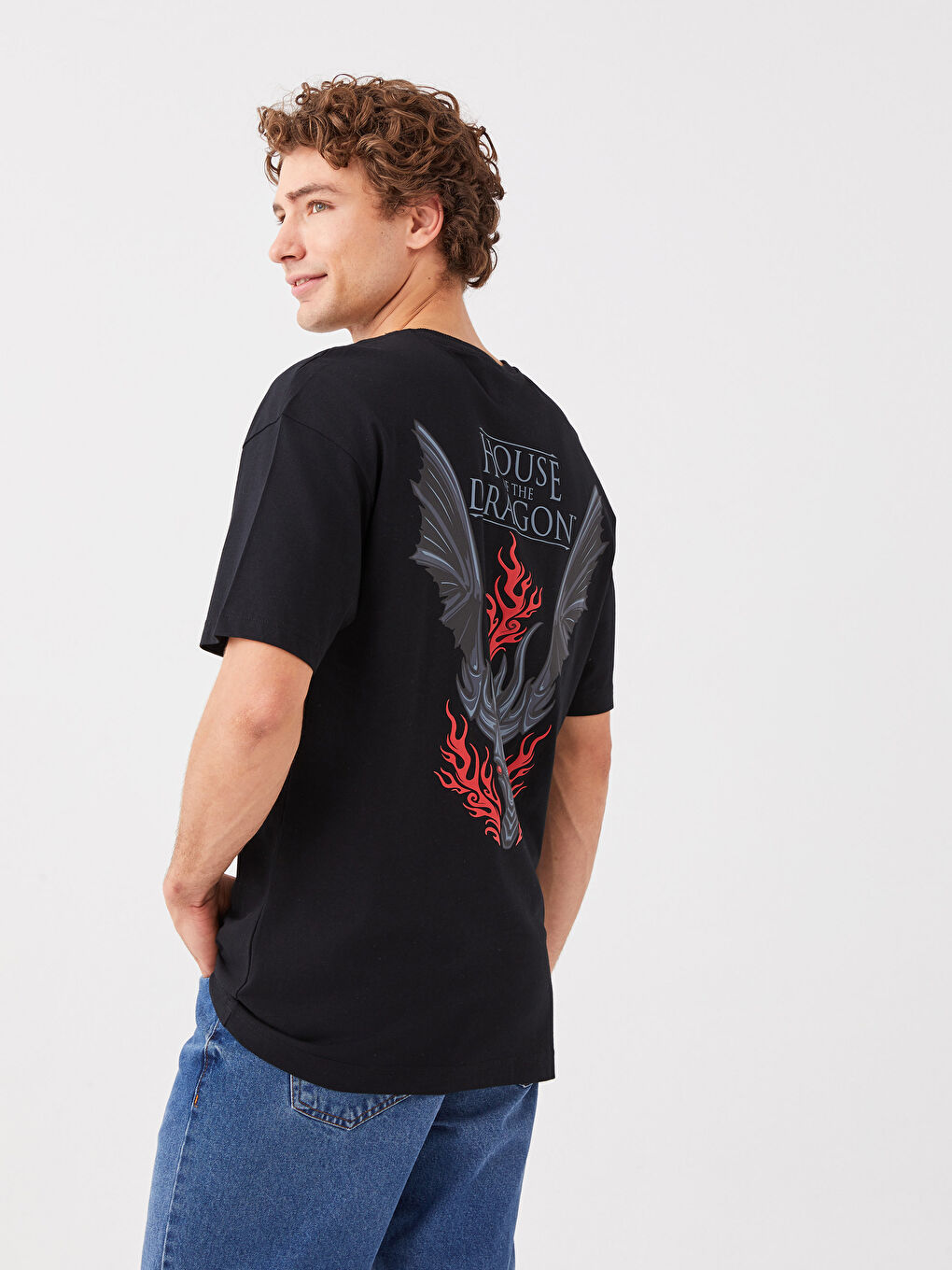 Siyah Oversize Bisiklet Yaka Kısa Kollu Baskılı Penye Erkek Tişört