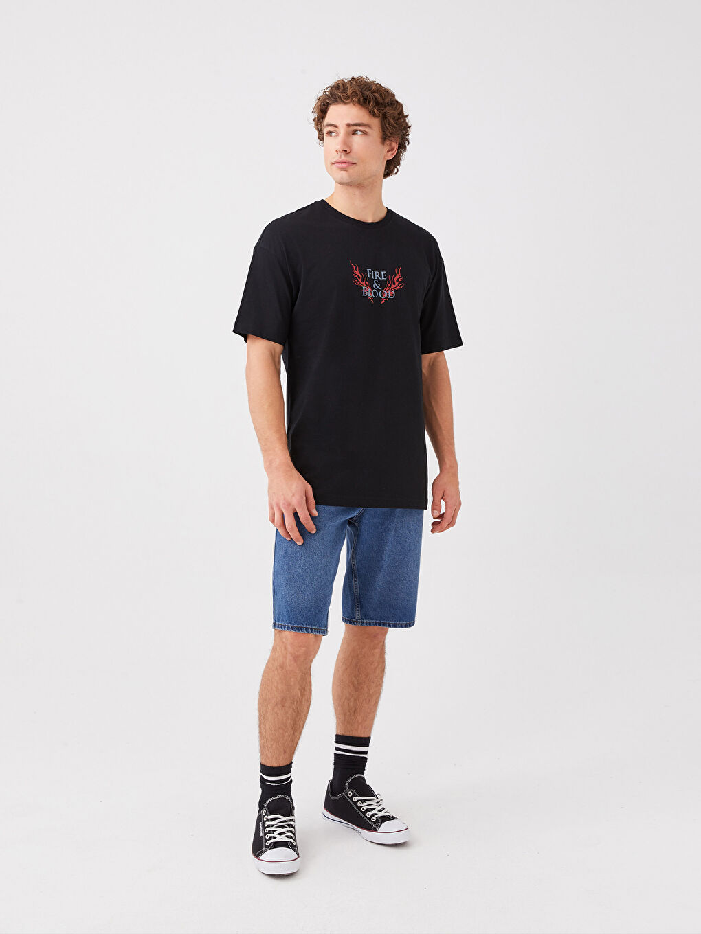 Siyah Oversize Bisiklet Yaka Kısa Kollu Baskılı Penye Erkek Tişört-2