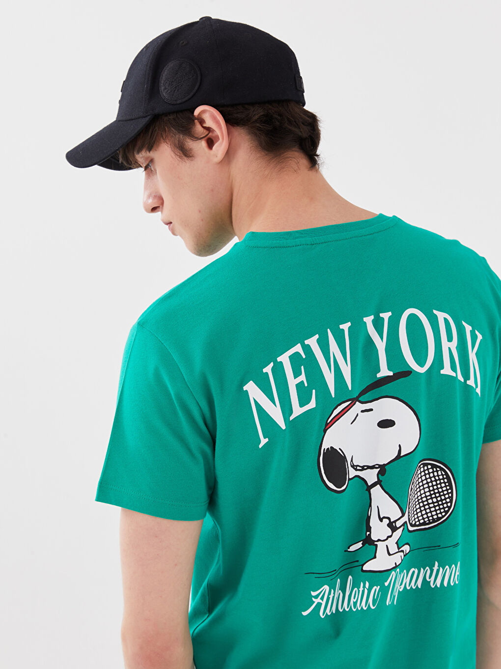 XSIDE Yeşil Bisiklet Yaka Kısa Kollu Snoopy Baskılı Penye Erkek Tişört