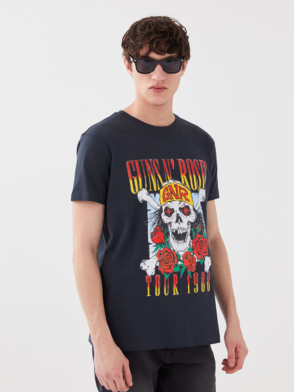 Antrasit Bisiklet Yaka Kısa Kollu Guns N'Roses Baskılı Penye Erkek Tişört-1