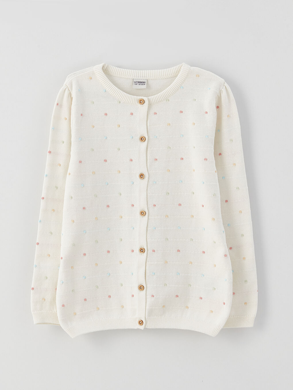 Ekru Bisiklet Yaka Desenli Uzun Kollu Kız Çocuk Triko Hırka