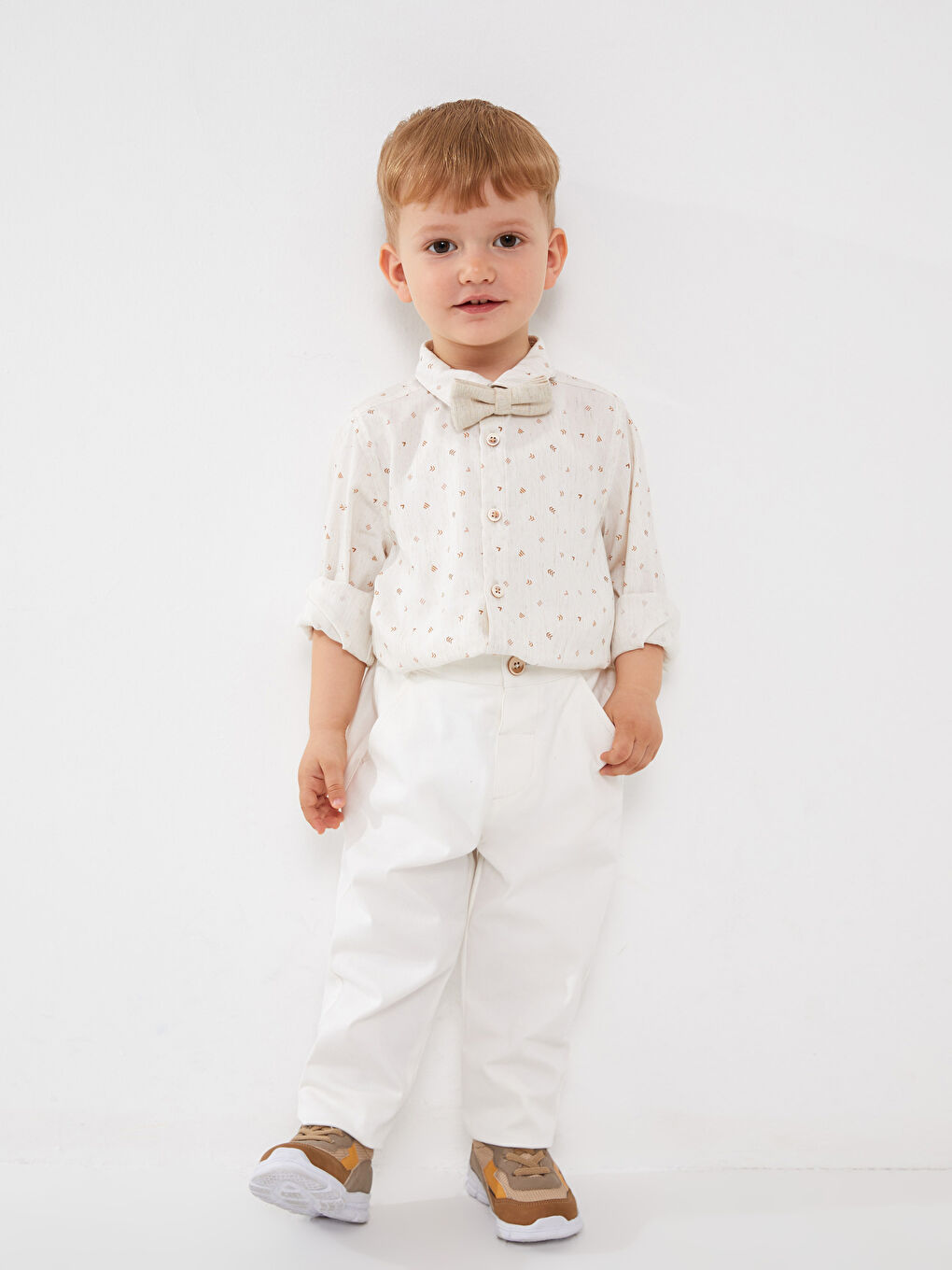 Bej Basic Erkek Bebek Gömlek ve Papyon-1