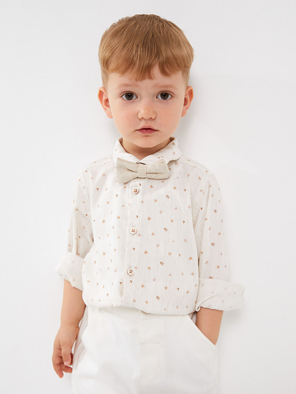 Bej Basic Erkek Bebek Gömlek ve Papyon