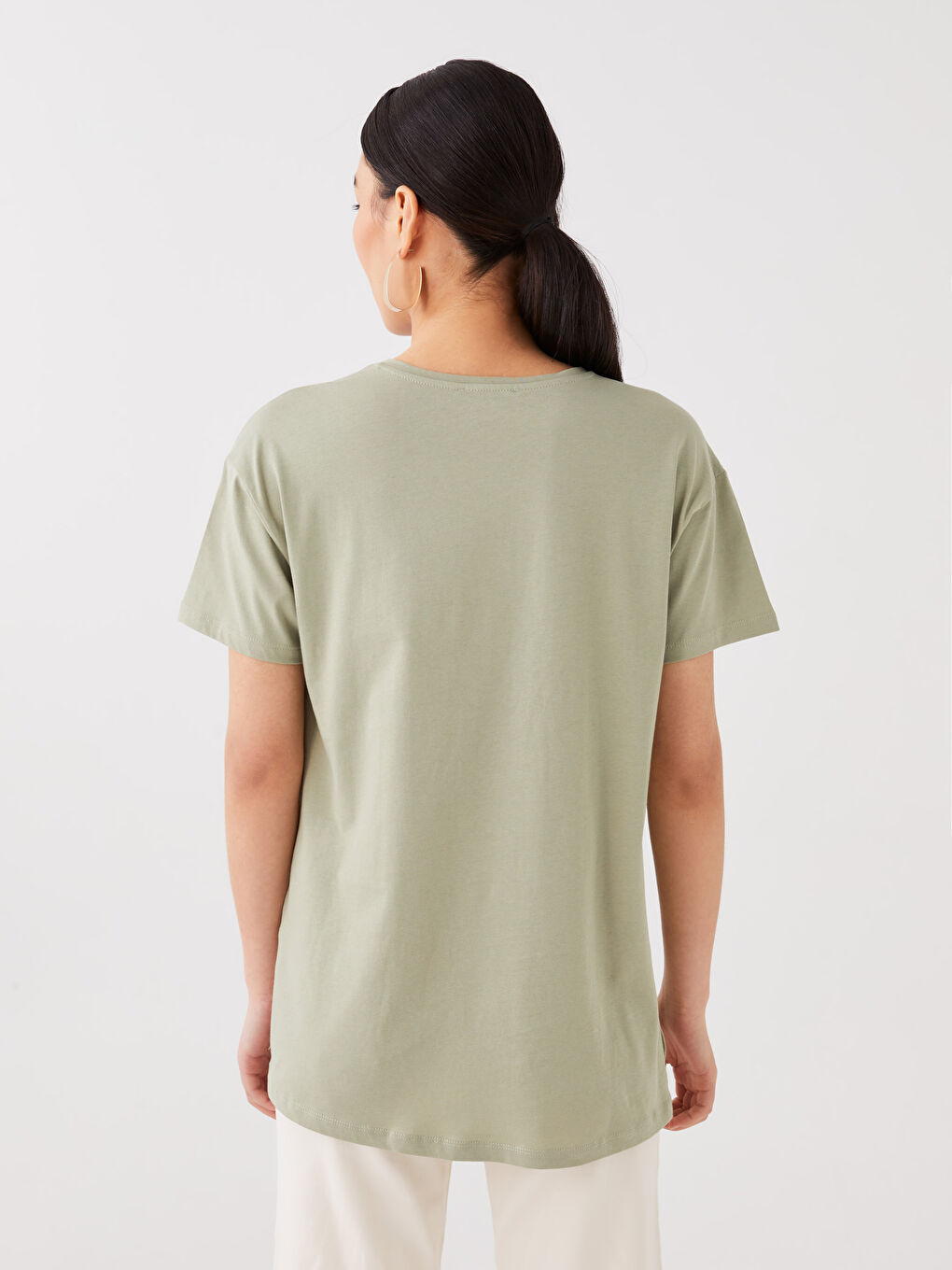 Yeşil Bisiklet Yaka Baskılı Kısa Kollu Kadın Tişört-4