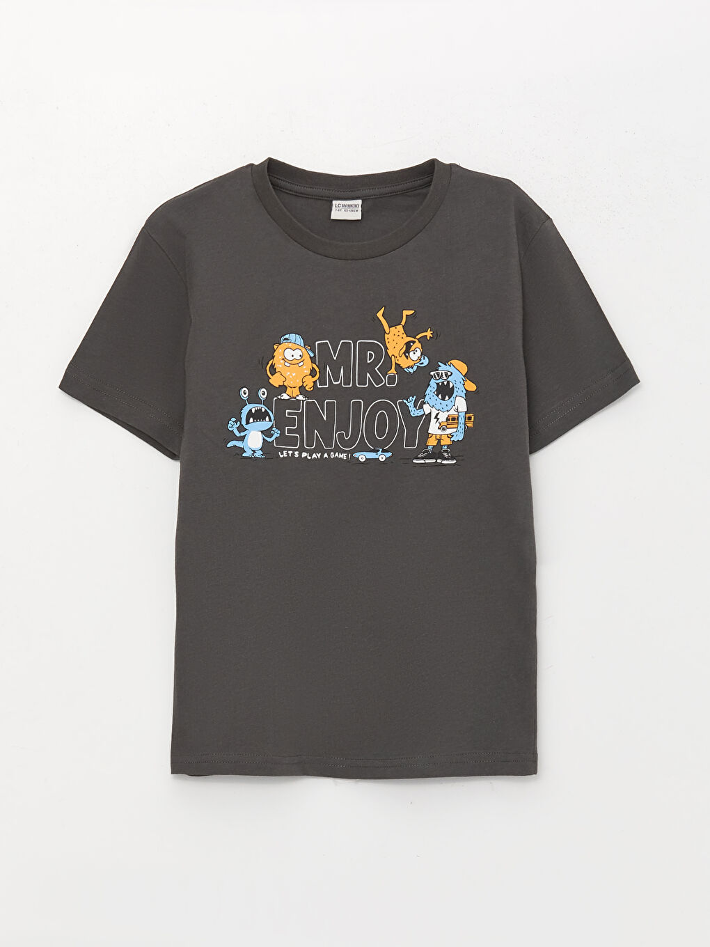 Gri Bisiklet Yaka Baskılı Kısa Kollu Erkek Çocuk Tişört