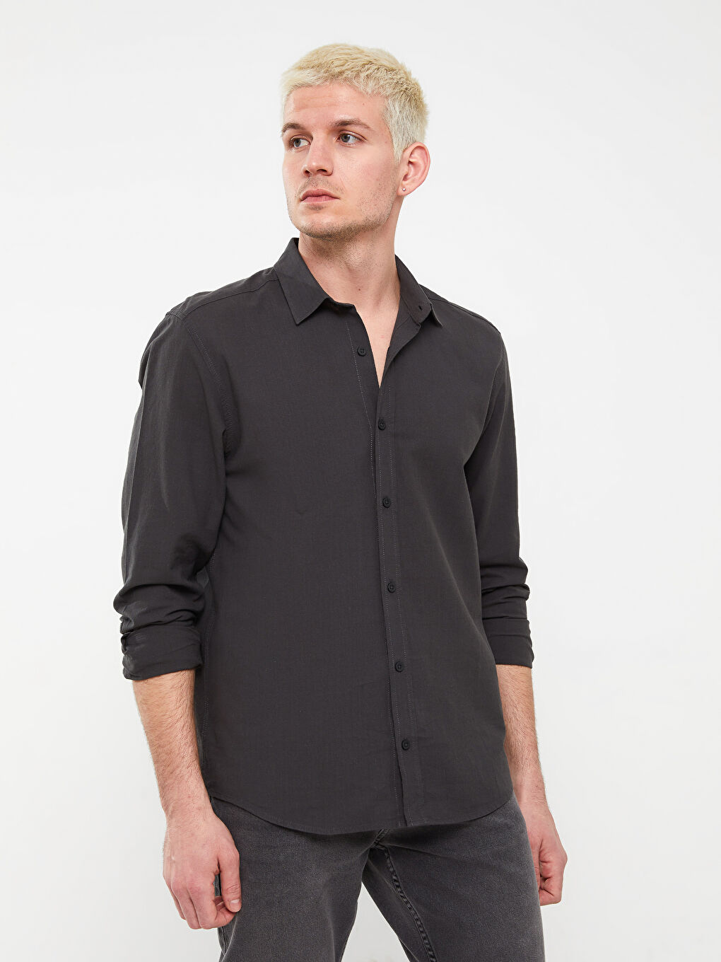 Antrasit Regular Fit Uzun Kollu Gabardin Erkek Gömlek