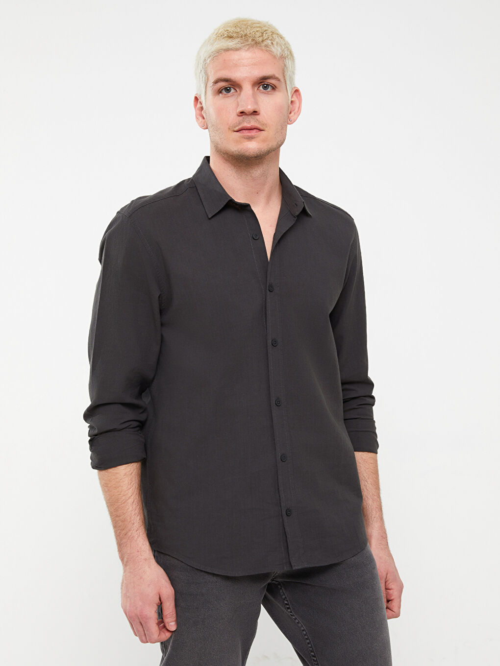 Antrasit Regular Fit Uzun Kollu Gabardin Erkek Gömlek-1