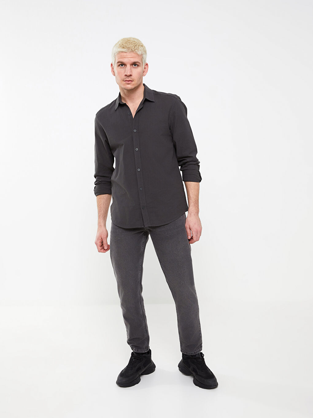 Antrasit Regular Fit Uzun Kollu Gabardin Erkek Gömlek-2