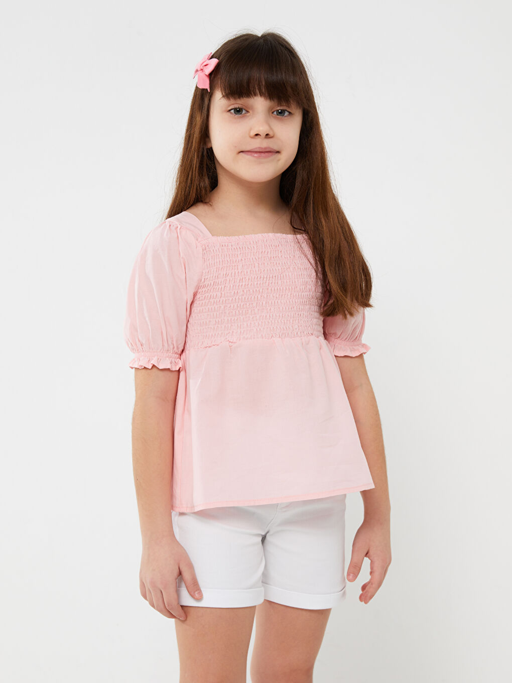 Pembe Kare Yaka Basic Kısa Kollu Kız Çocuk Bluz-1