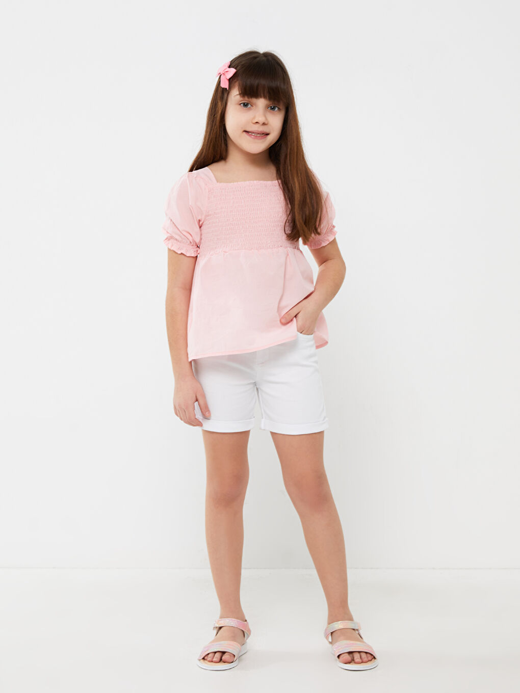 Pembe Kare Yaka Basic Kısa Kollu Kız Çocuk Bluz-2