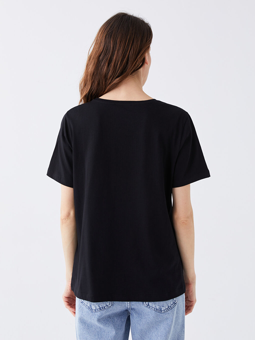 Siyah Bisiklet Yaka Düz Kısa Kollu Kadın Tişört-4