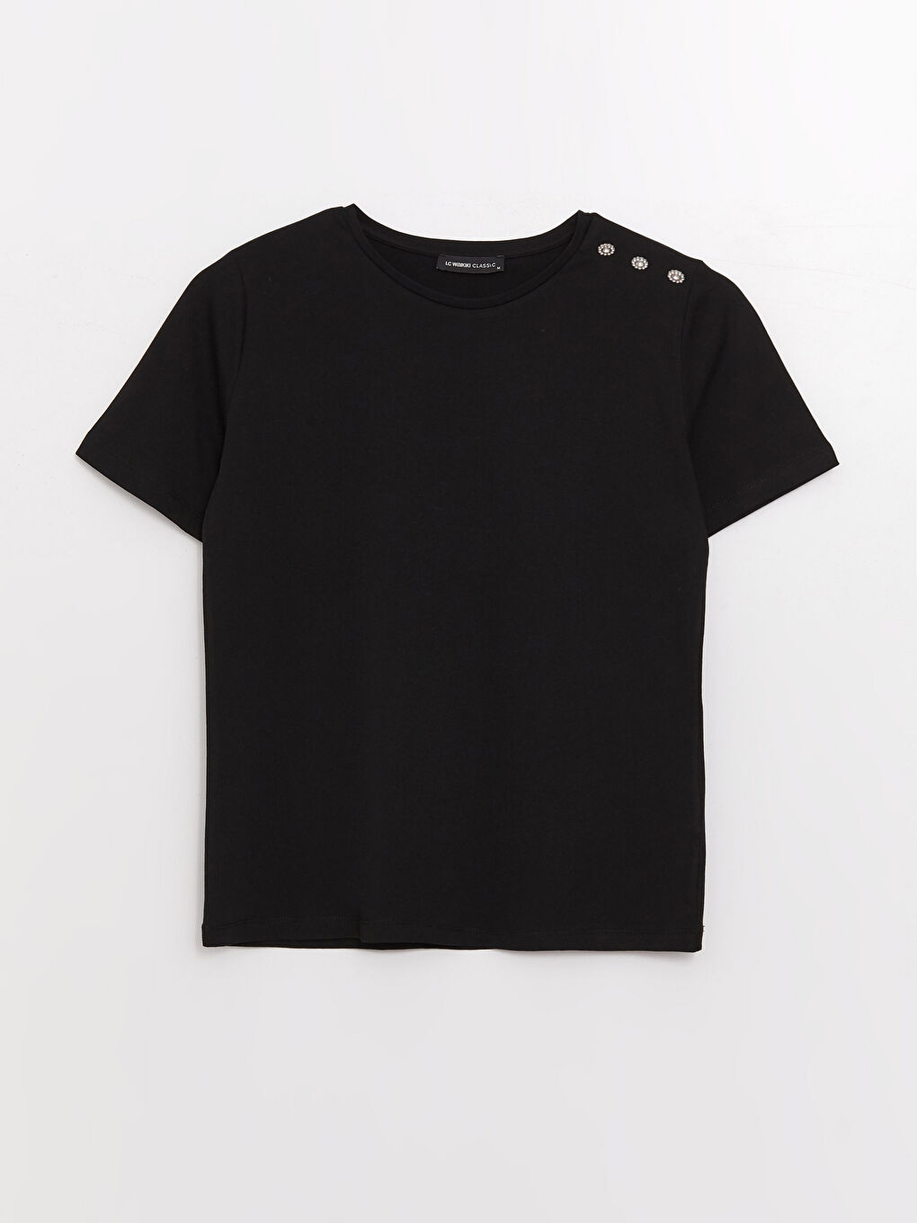 Siyah Bisiklet Yaka Düz Kısa Kollu Kadın Tişört-5