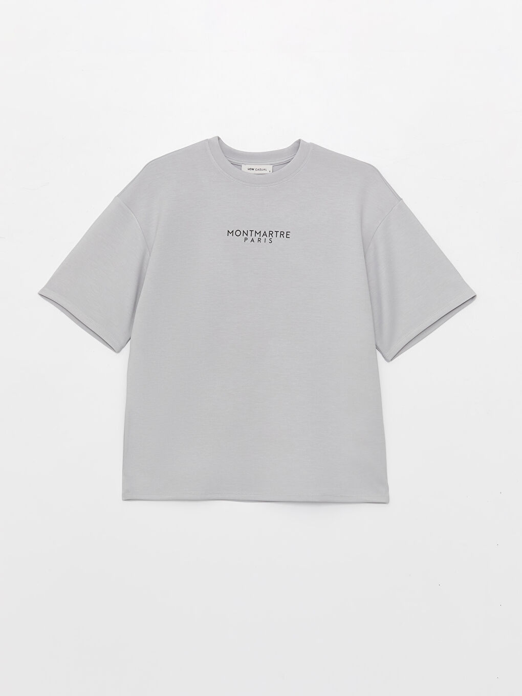 Gri Bisiklet Yaka Baskılı Kısa Kollu Oversize Kadın Tişört-5