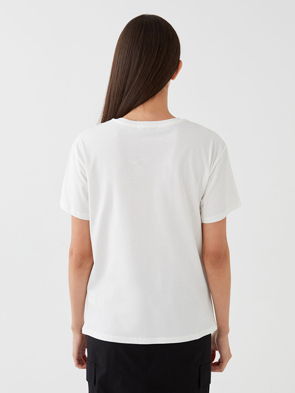 Ekru Bisiklet Yaka Baskılı Kısa Kollu Kadın Tişört-3