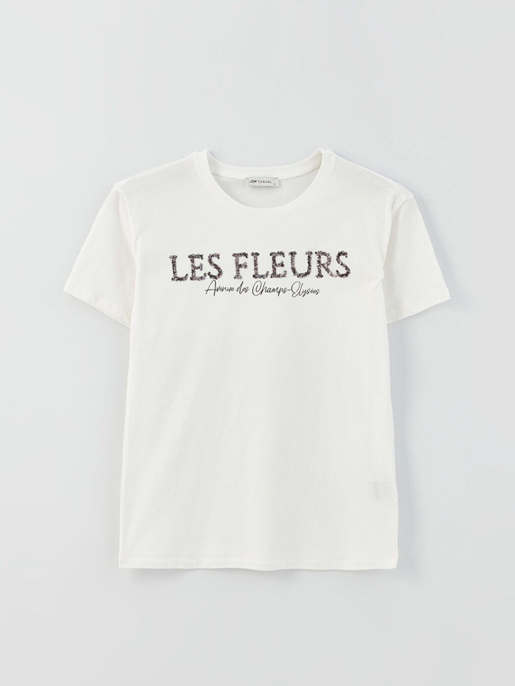 Ekru Bisiklet Yaka Baskılı Kısa Kollu Kadın Tişört-4