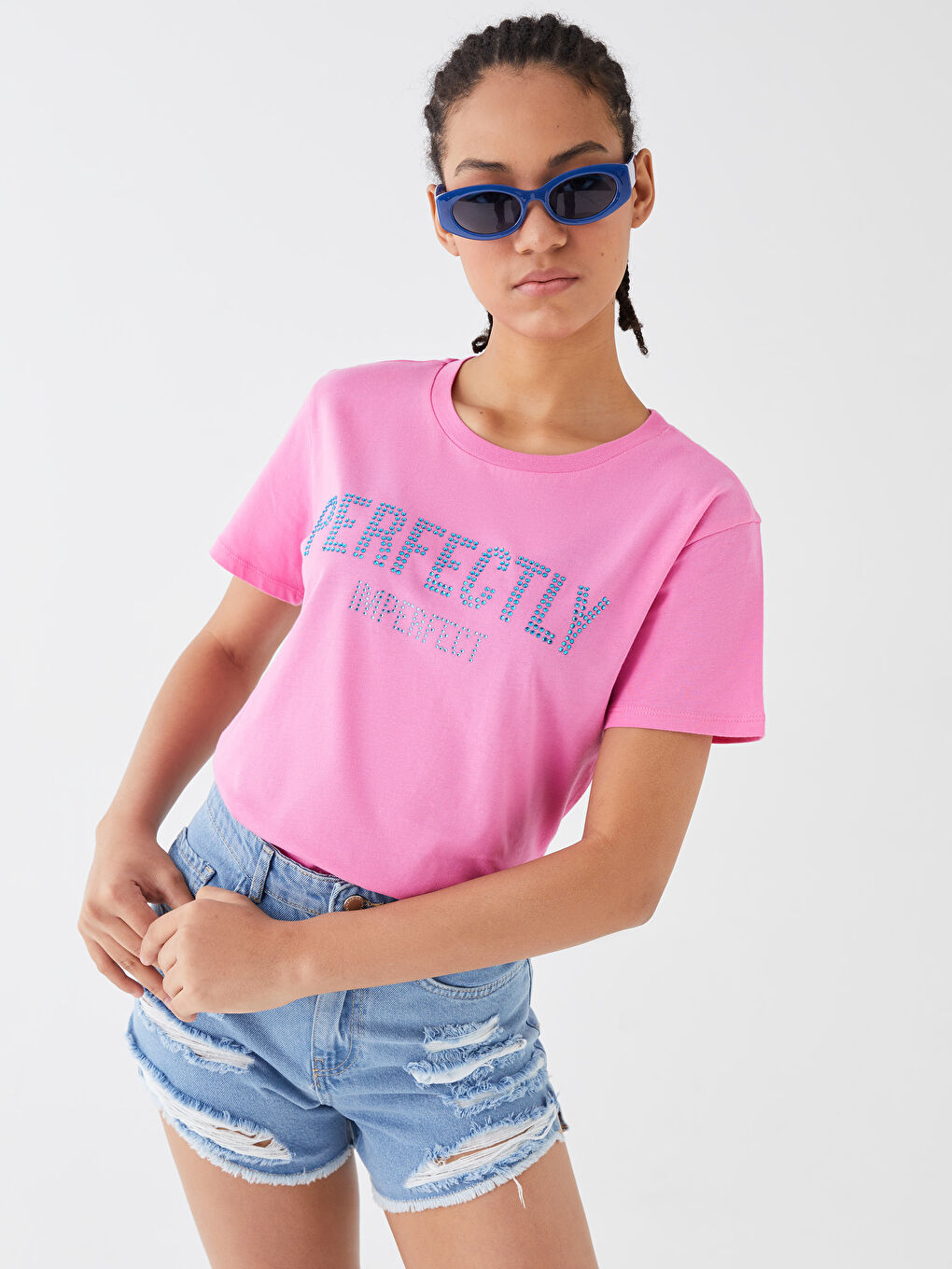 Pembe Bisiklet Yaka Baskılı Kısa Kollu Kadın Tişört