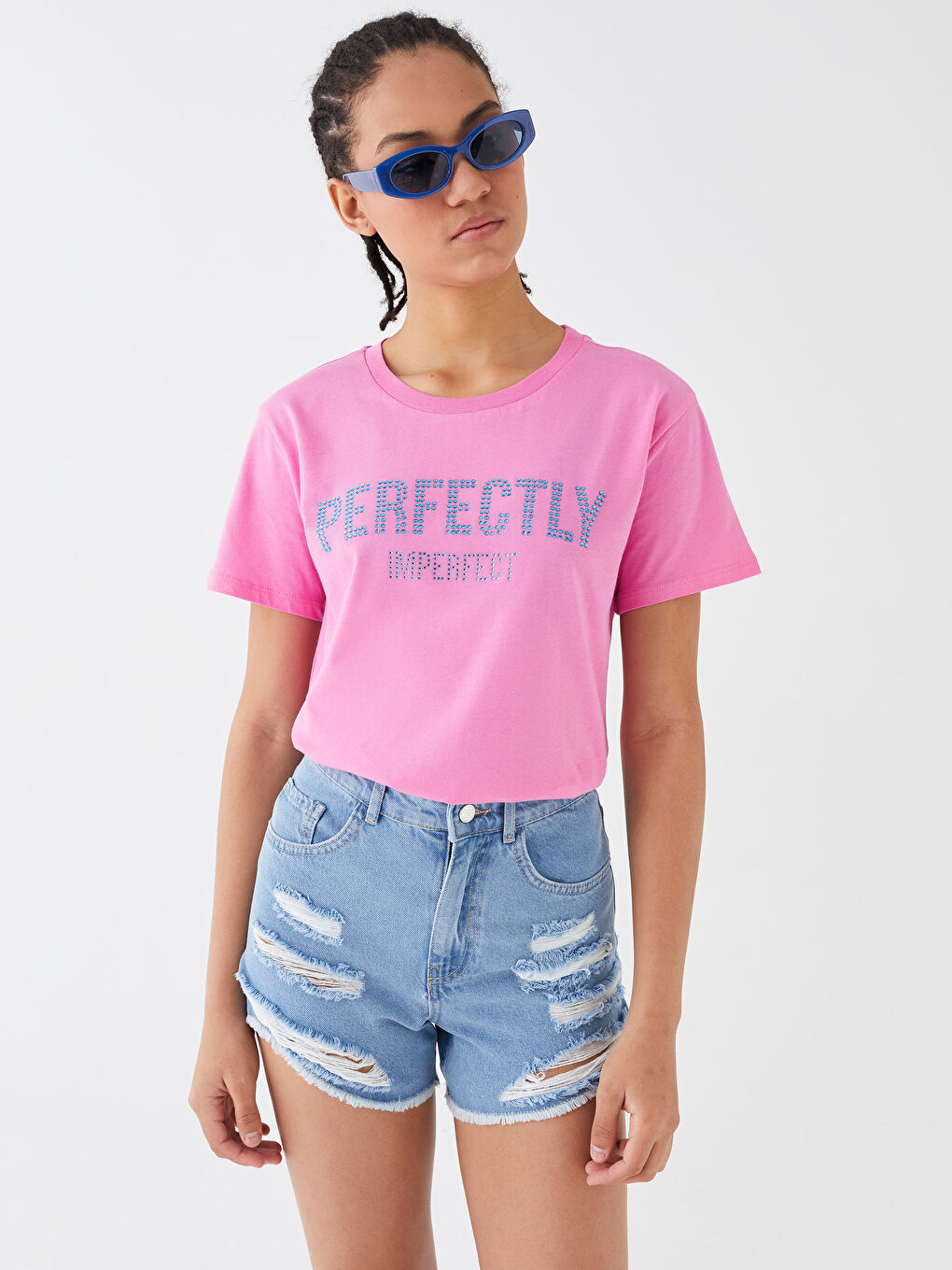 Pembe Bisiklet Yaka Baskılı Kısa Kollu Kadın Tişört-1