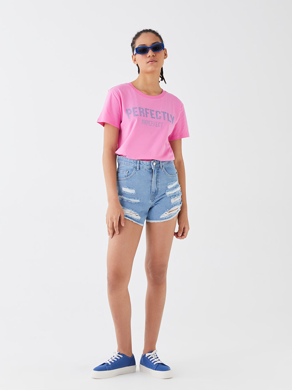 Pembe Bisiklet Yaka Baskılı Kısa Kollu Kadın Tişört-2