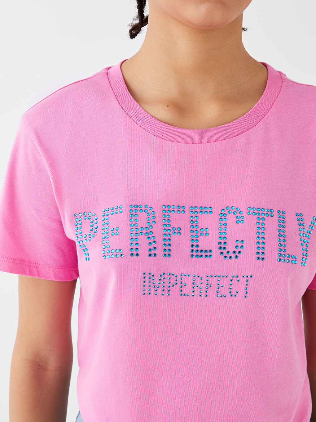 Pembe Bisiklet Yaka Baskılı Kısa Kollu Kadın Tişört-3