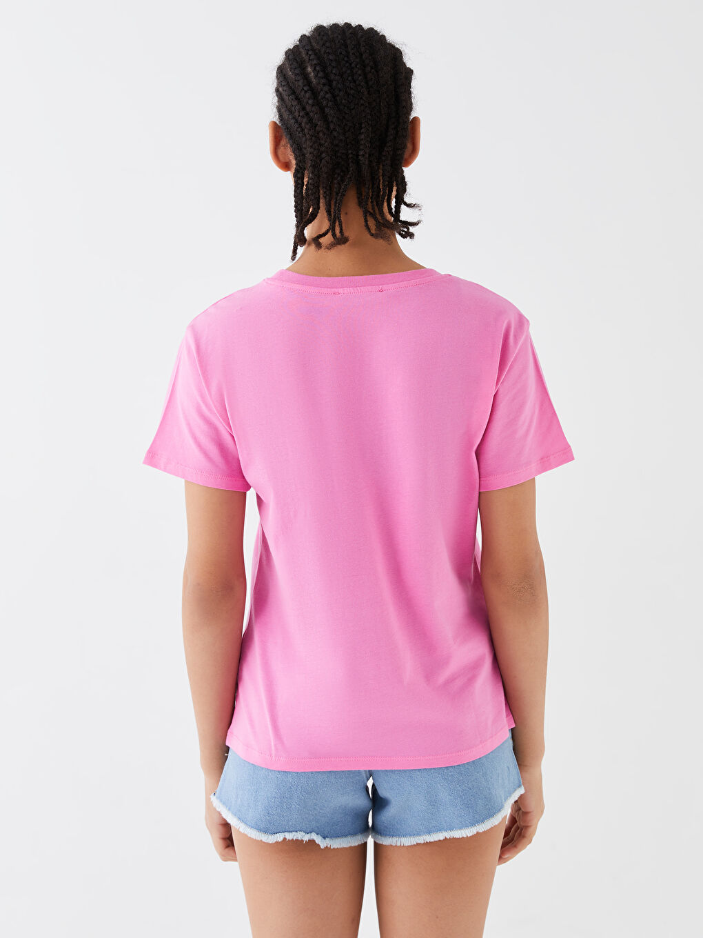 Pembe Bisiklet Yaka Baskılı Kısa Kollu Kadın Tişört-4