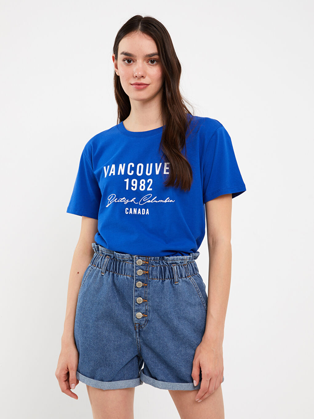 Mavi Bisiklet Yaka Baskılı Kısa Kollu Kadın Tişört