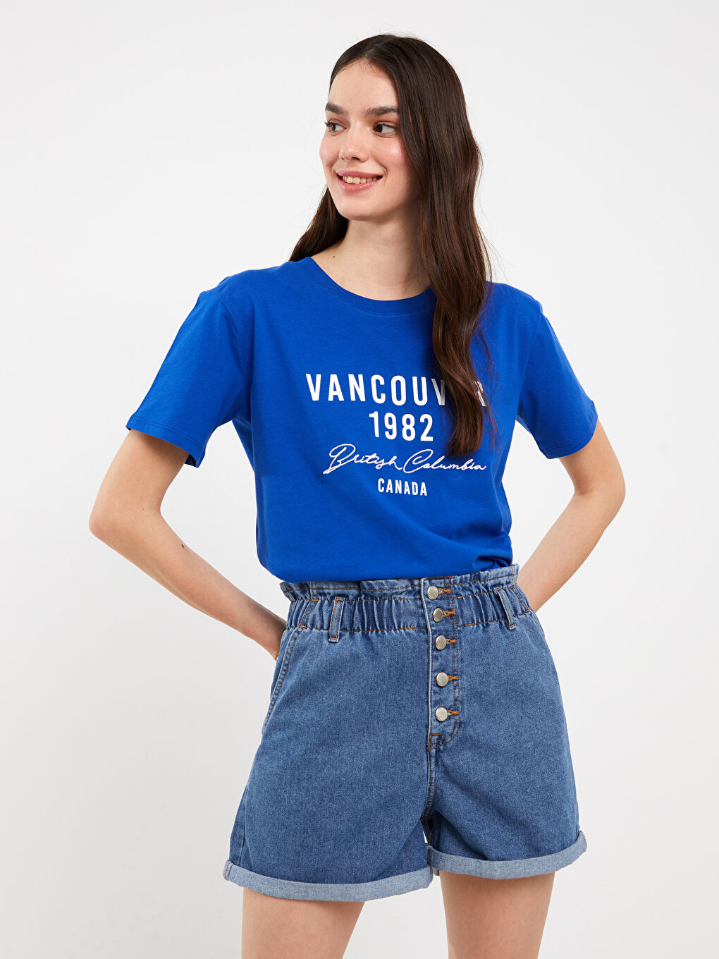 Mavi Bisiklet Yaka Baskılı Kısa Kollu Kadın Tişört-1