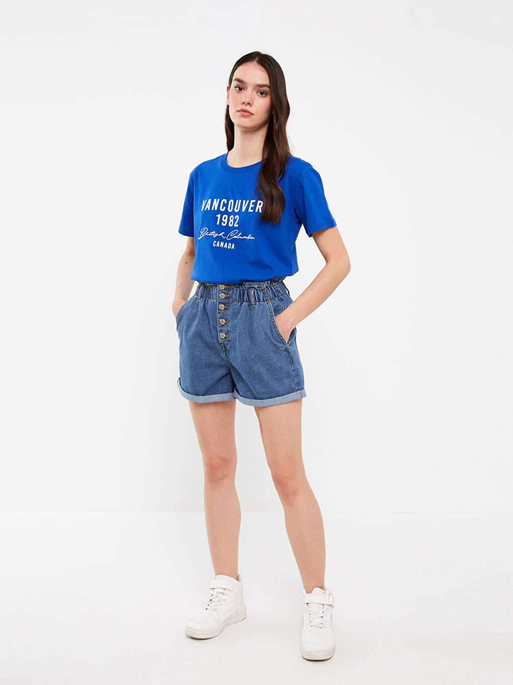 Mavi Bisiklet Yaka Baskılı Kısa Kollu Kadın Tişört-2