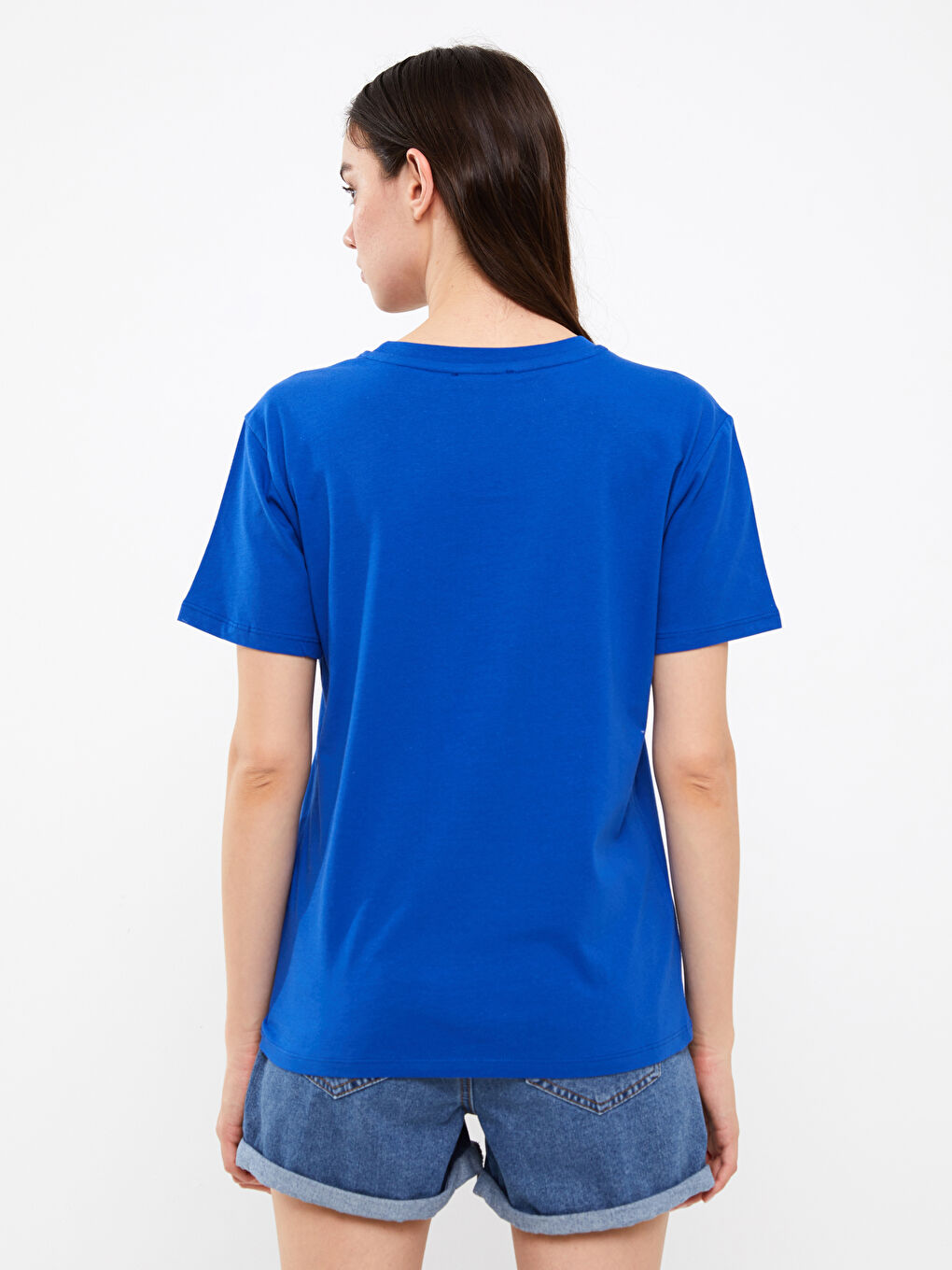 Mavi Bisiklet Yaka Baskılı Kısa Kollu Kadın Tişört-4