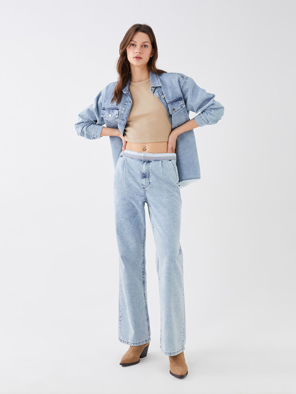 İndigo Normal Bel Wideleg Kadın Jean Pantolon-1