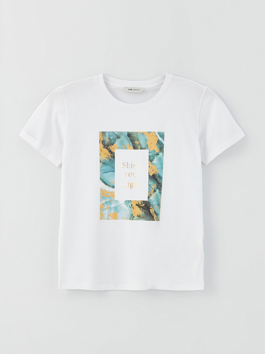 Beyaz Bisiklet Yaka Baskılı Kısa Kollu Kadın Tişört-5