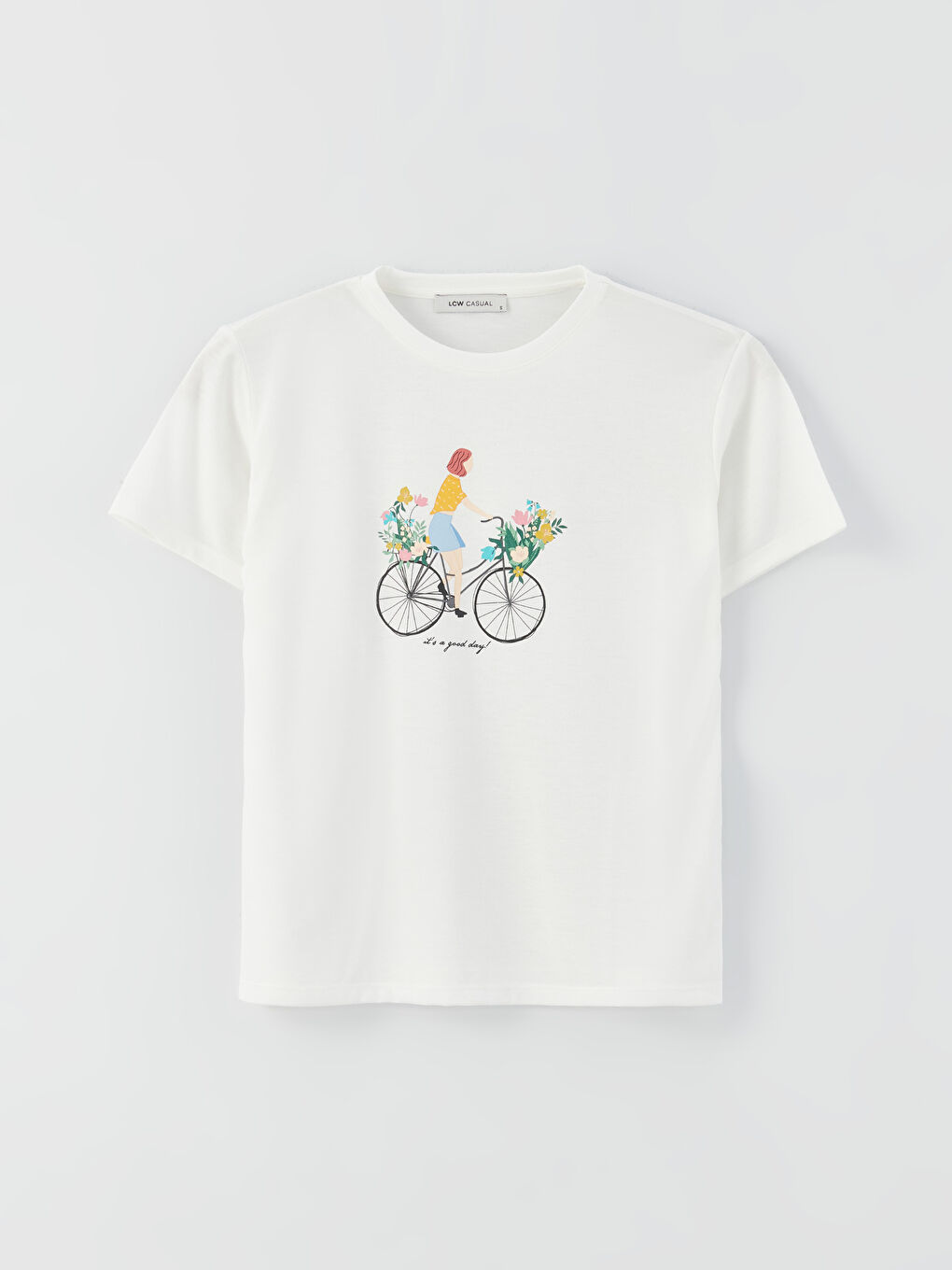 Beyaz Bisiklet Yaka Baskılı Kısa Kollu Kadın Tişört-5