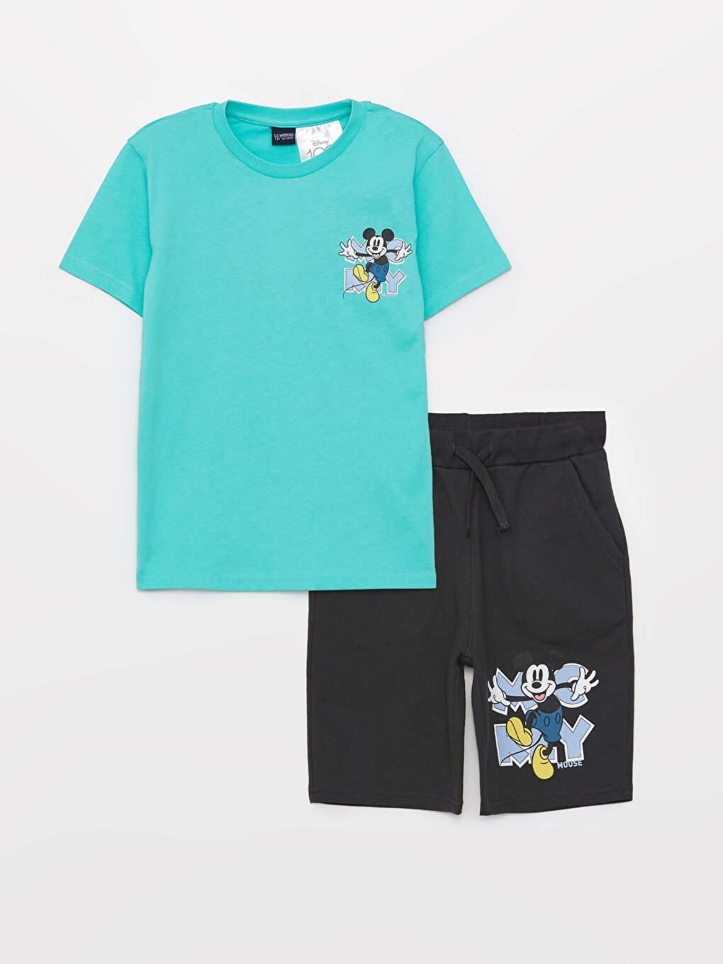 Turkuaz Bisiklet Yaka Mickey Mouse Baskılı Kısa Kollu Erkek Çocuk Tişört ve Şort