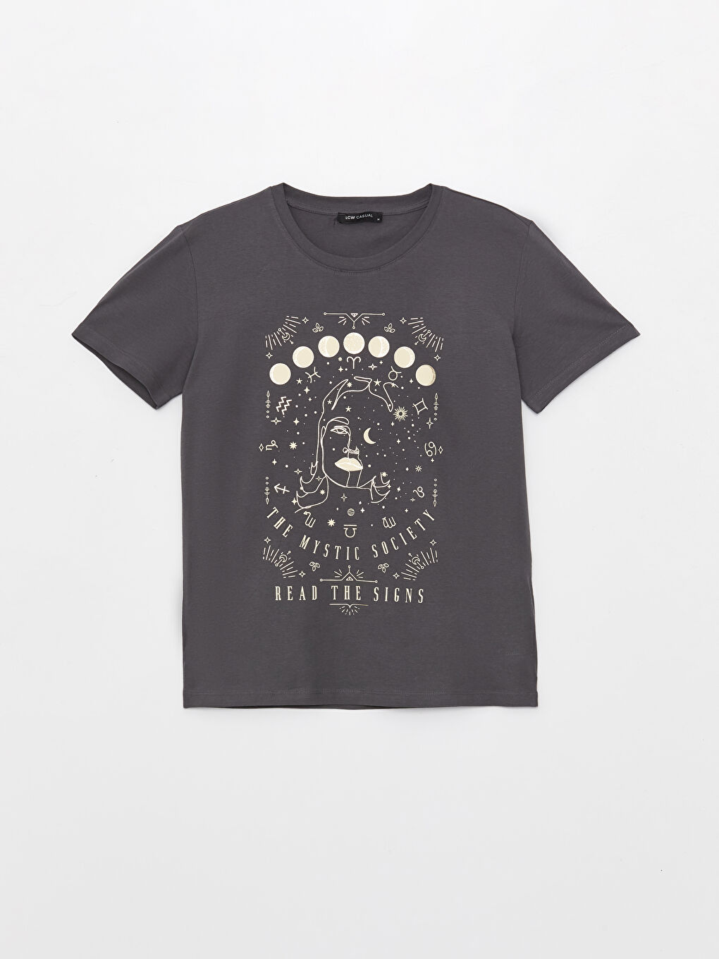 Gri Bisiklet Yaka Baskılı Kısa Kollu Kadın Tişört-5