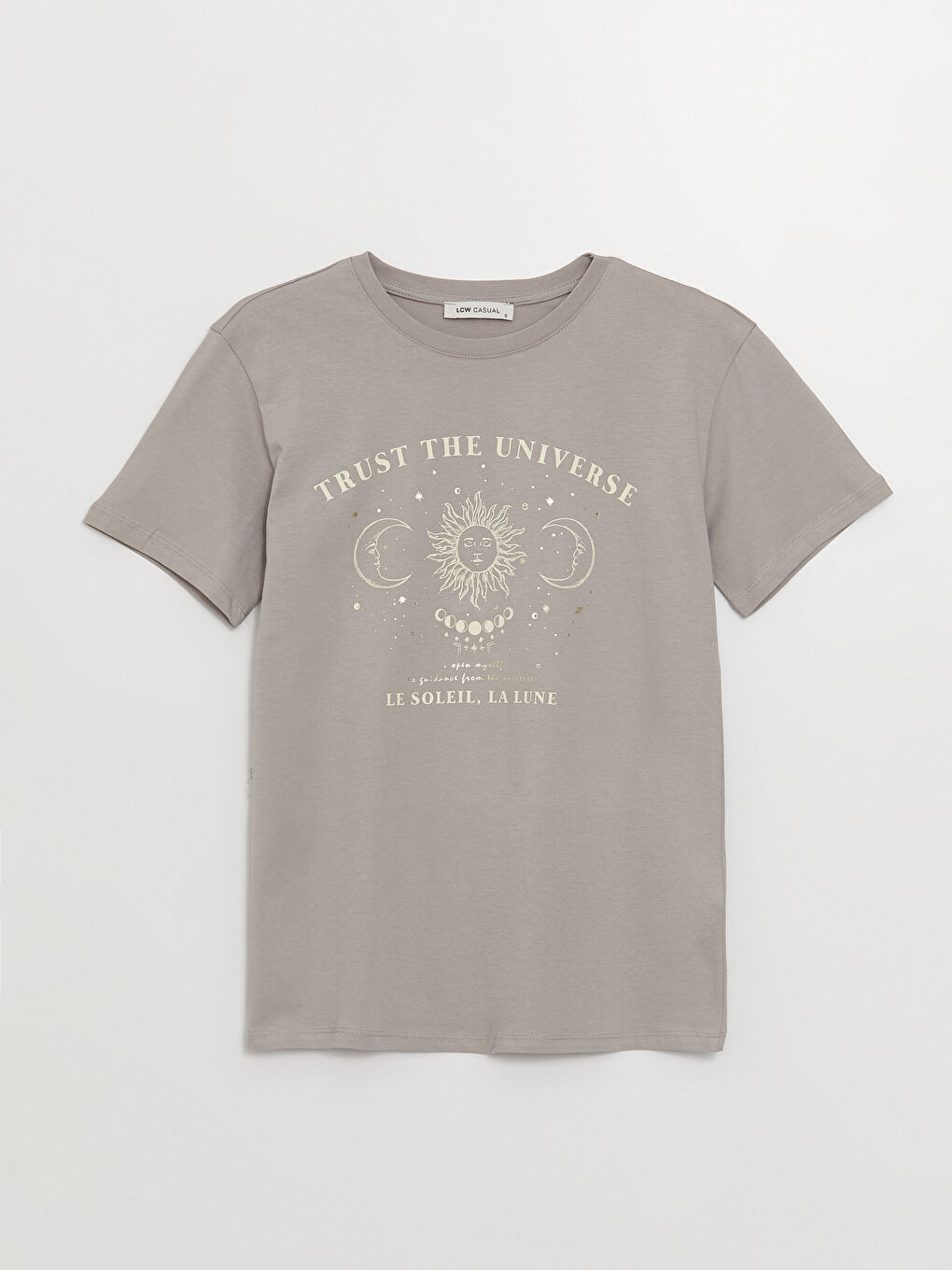 Gri Bisiklet Yaka Baskılı Kısa Kollu Kadın Tişört-5