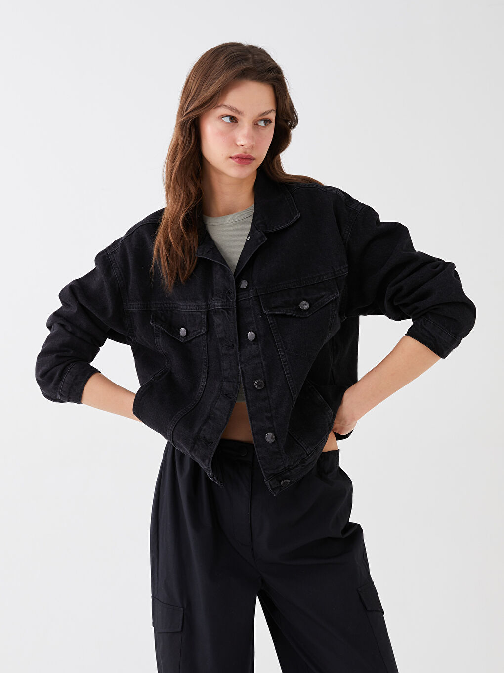 Geacă din Denim pentru Femei cu Guler de Cămașă și Mânecă Lungă