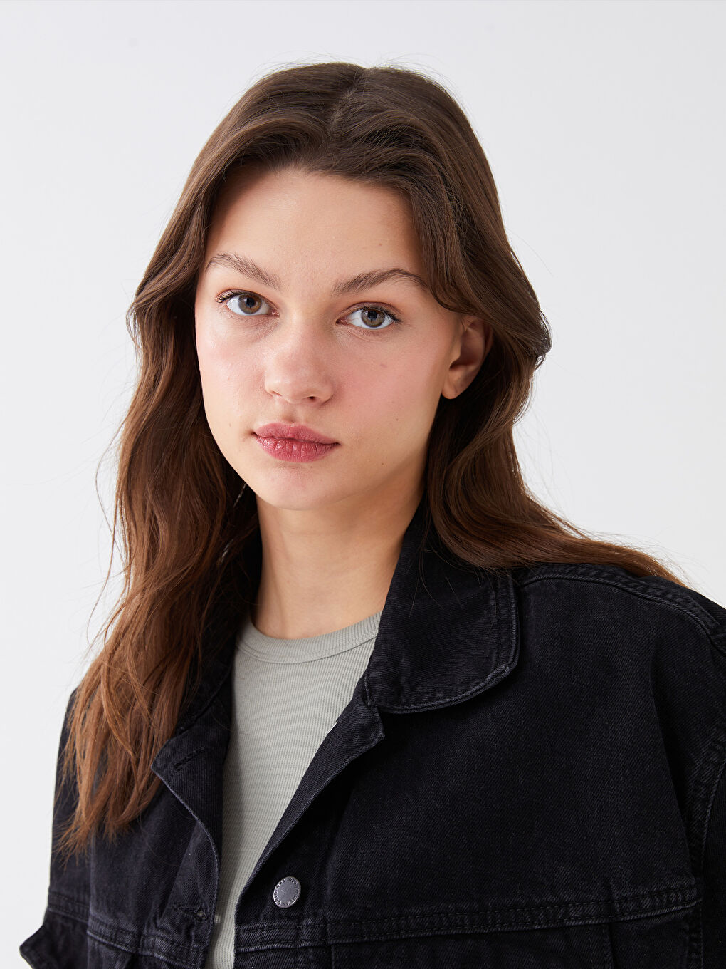 Geacă din Denim pentru Femei cu Guler de Cămașă și Mânecă Lungă-1