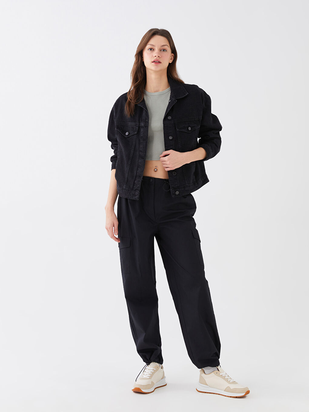 Geacă din Denim pentru Femei cu Guler de Cămașă și Mânecă Lungă-2