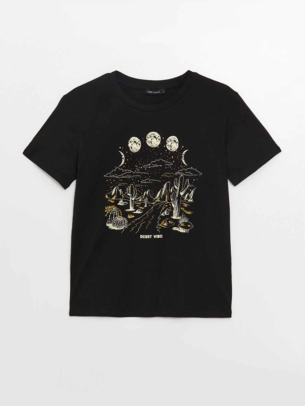 Siyah Bisiklet Yaka Baskılı Kısa Kollu Kadın Tişört-5